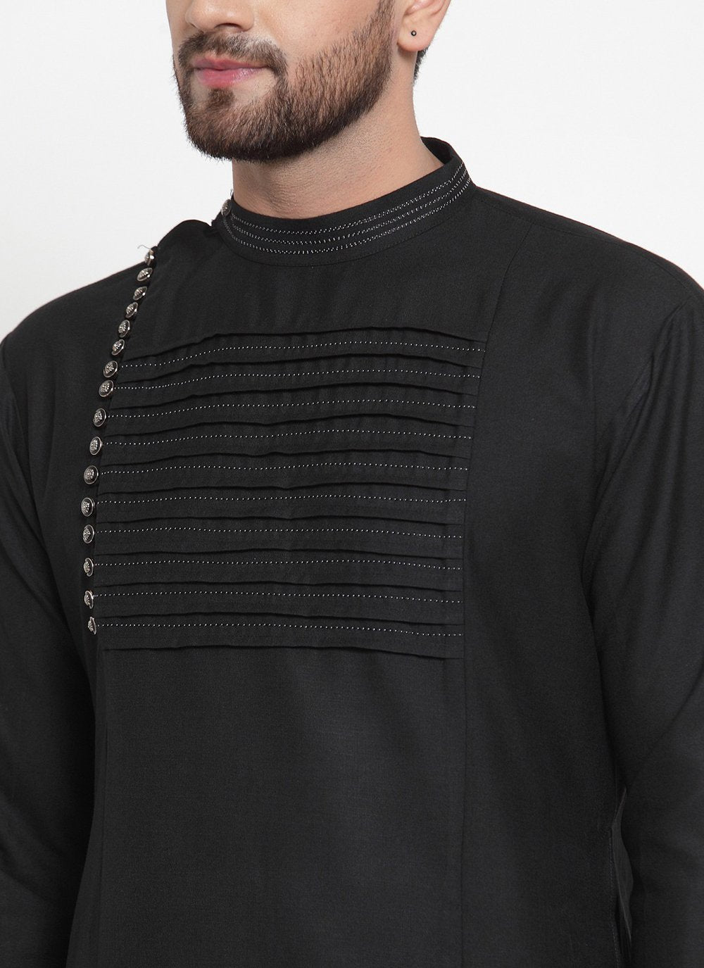 Kurta Pyjama Blended Cotton Black Embroidered Mens