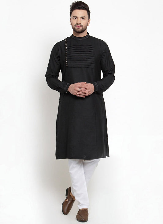 Kurta Pyjama Blended Cotton Black Embroidered Mens