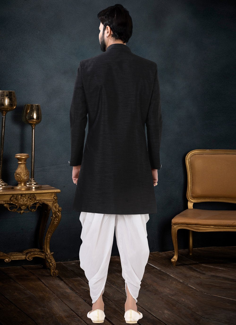 Indo Western Sherwani Silk Black Fancy Work Mens