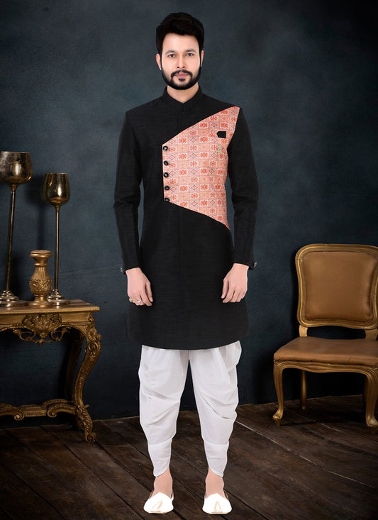 Indo Western Sherwani Silk Black Fancy Work Mens