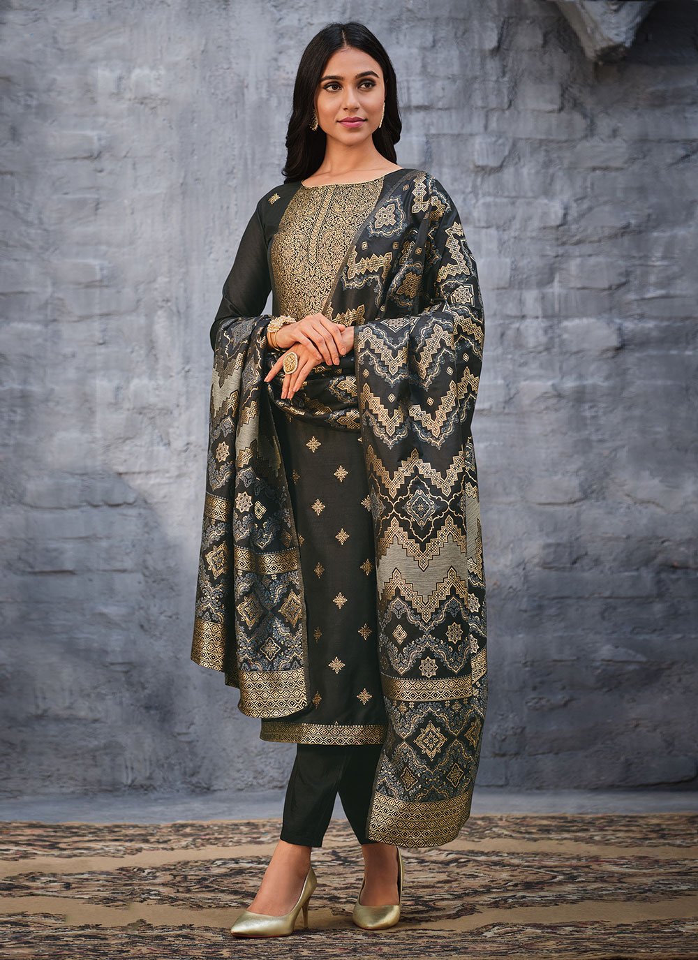 Straight Salwar Suit Jacquard Silk Black Swarovski Salwar Kameez