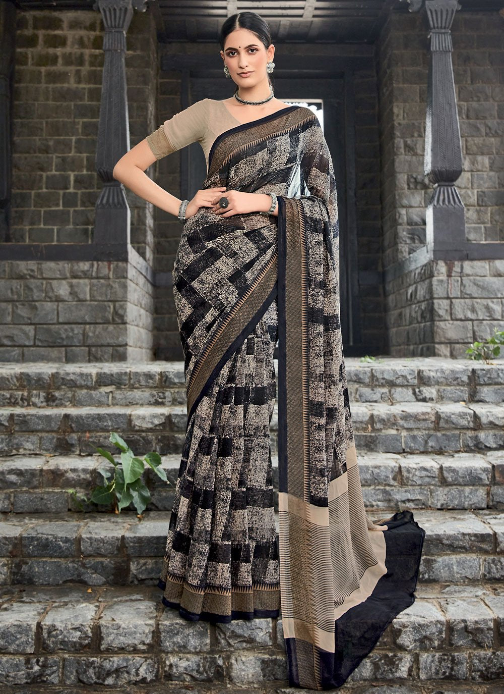 Casual Georgette Black Print Saree