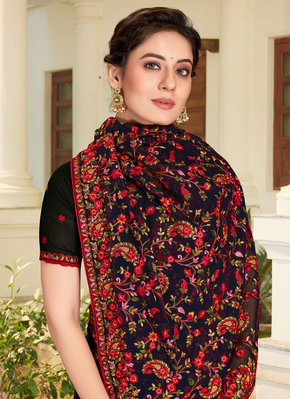 Classic Georgette Black Embroidered Saree