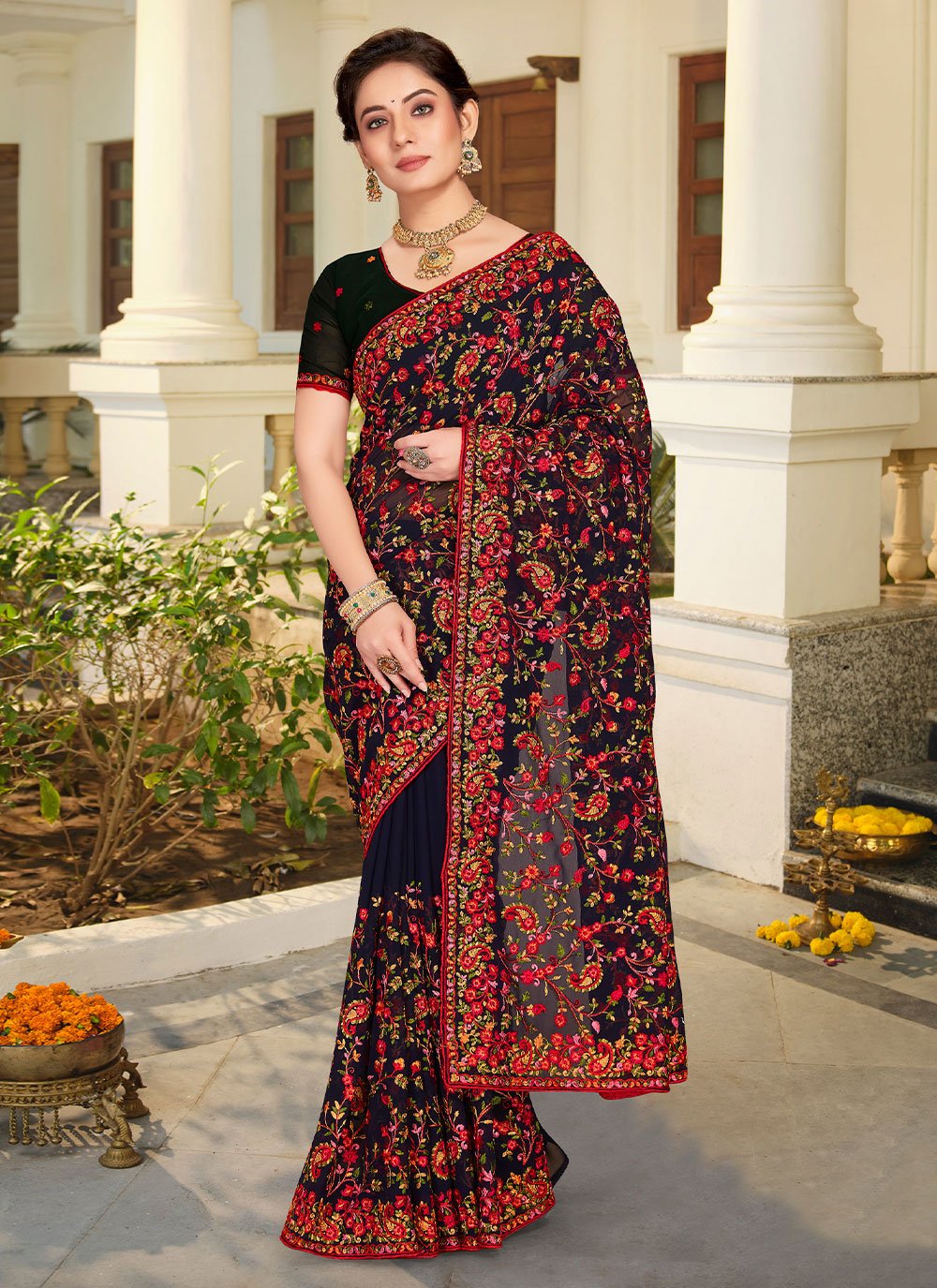 Classic Georgette Black Embroidered Saree