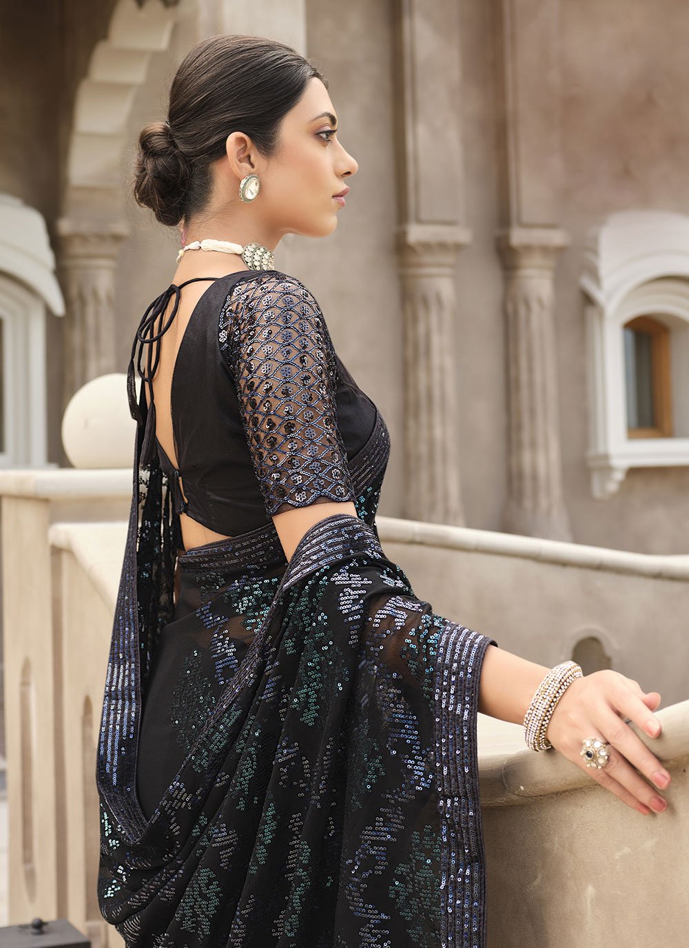 Classic Georgette Black Fancy Work Saree