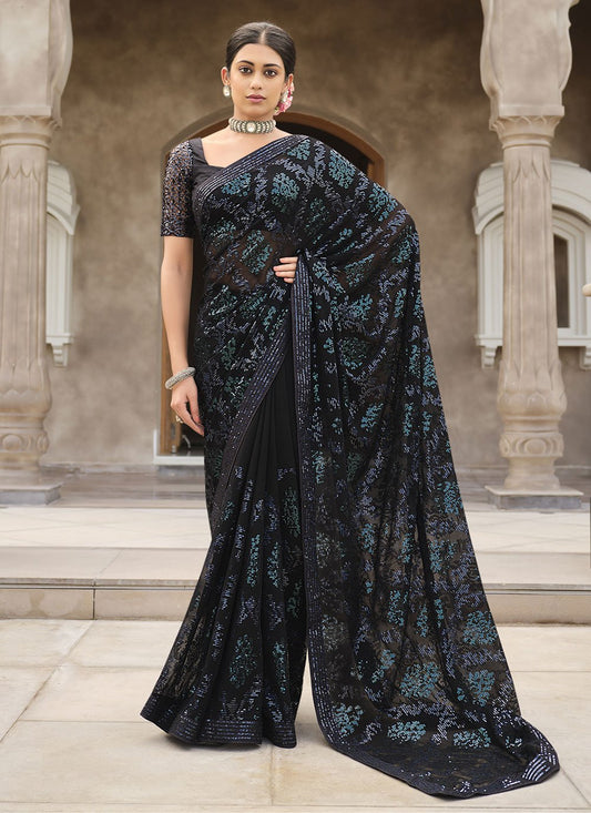 Classic Georgette Black Fancy Work Saree