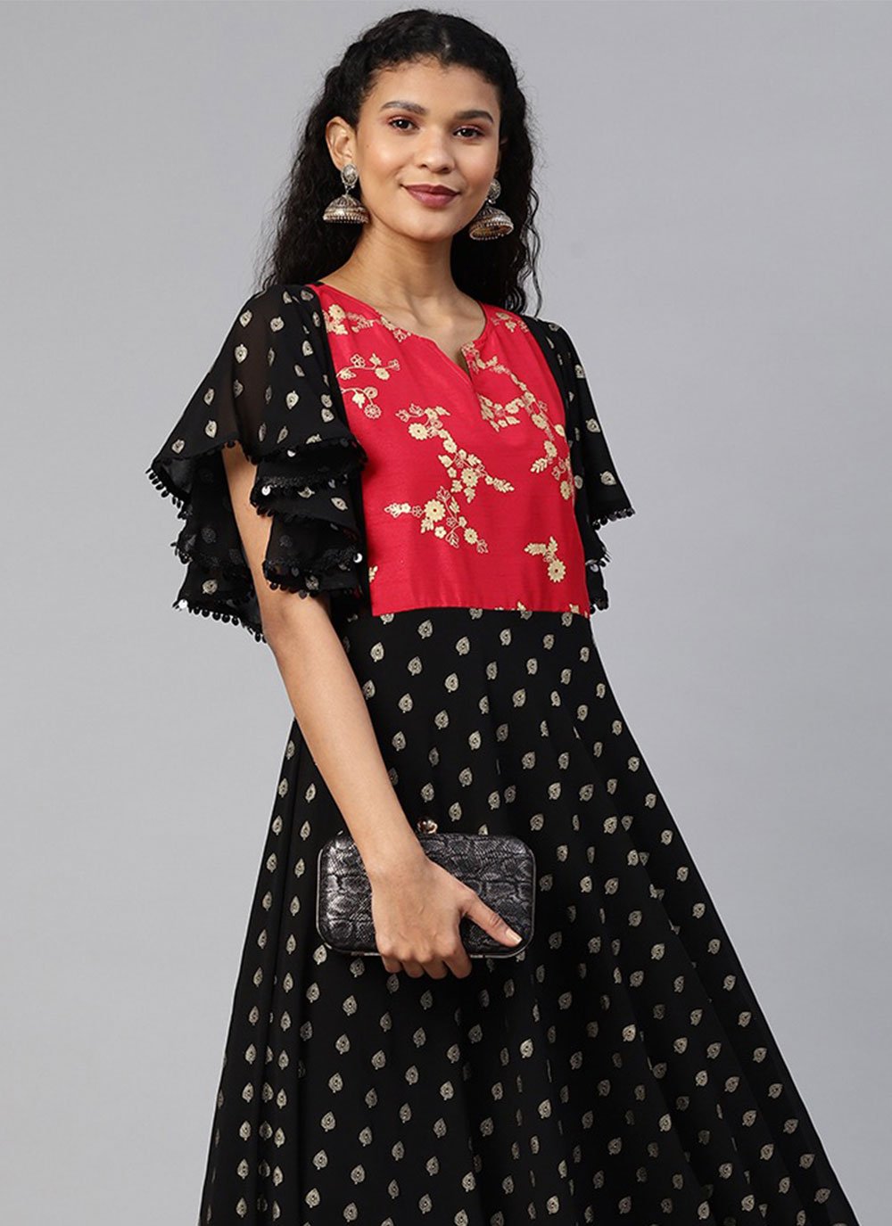 Casual Kurti Georgette Black Foil Print Kurtis