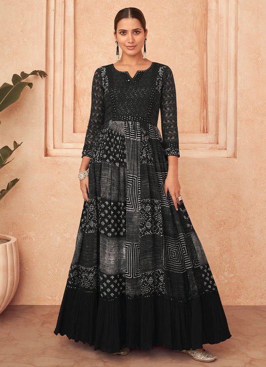 Gown Georgette Black Embroidered Gown