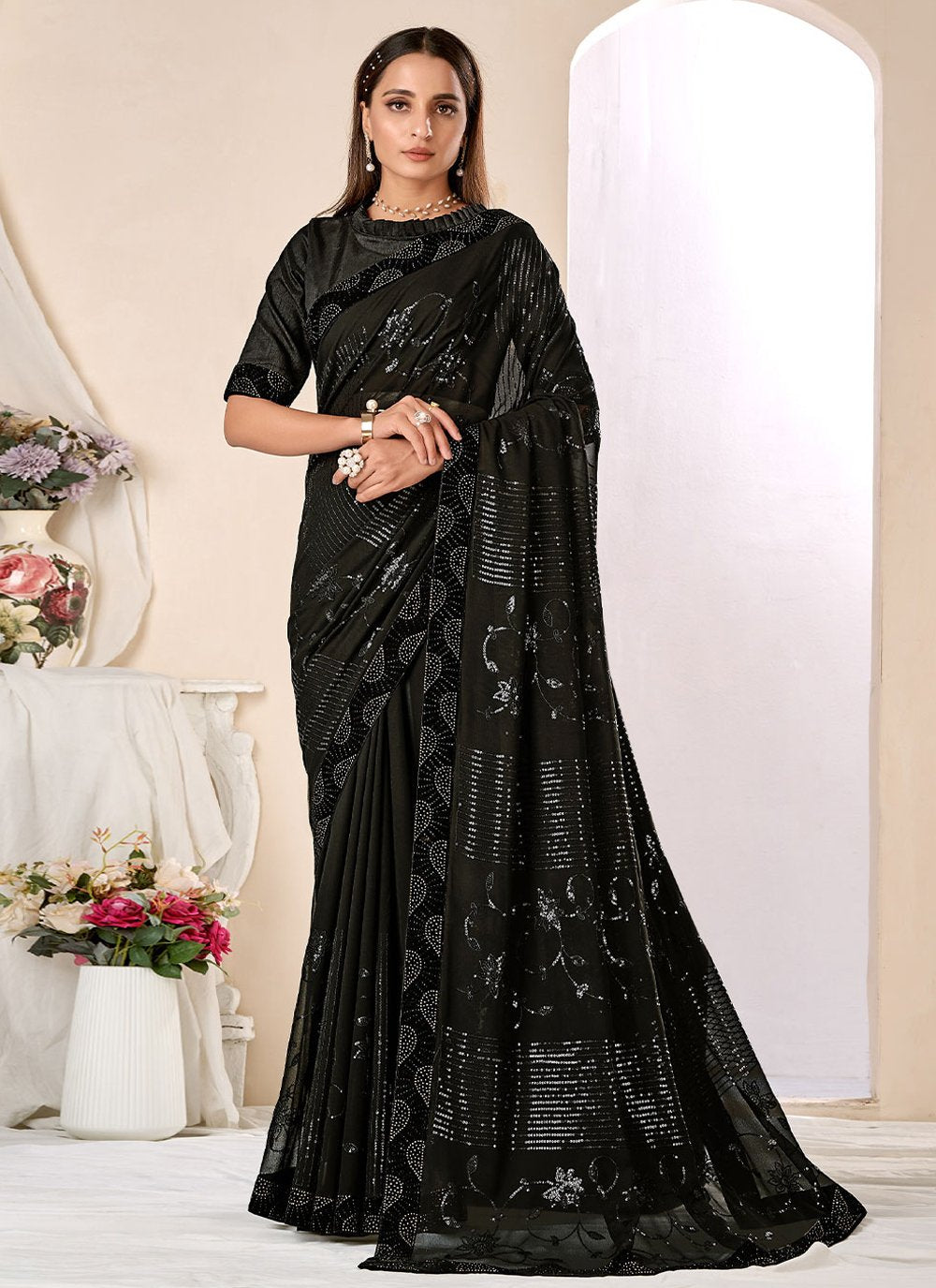 Trendy Saree Bembarg Georgette Black Patch Border Saree