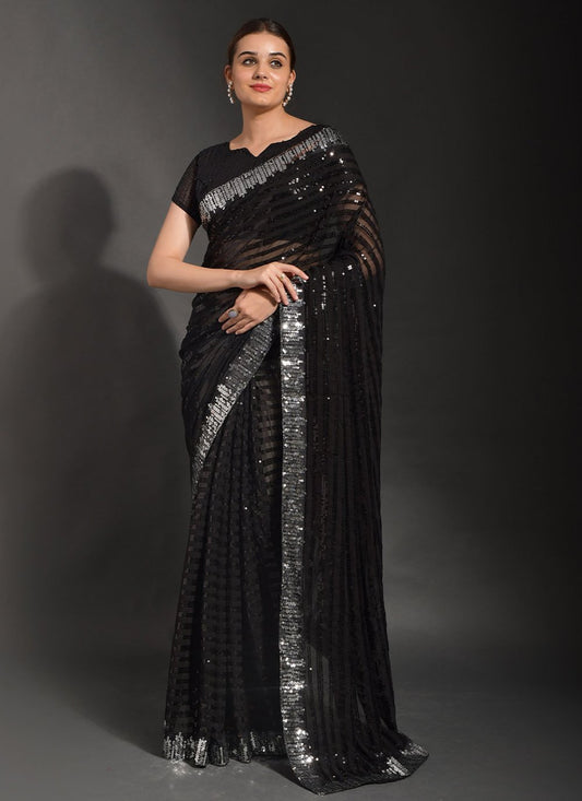 Contemporary Georgette Black Embroidered Saree