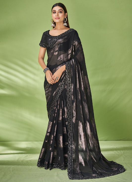 Classic Georgette Jacquard Black Foil Print Saree