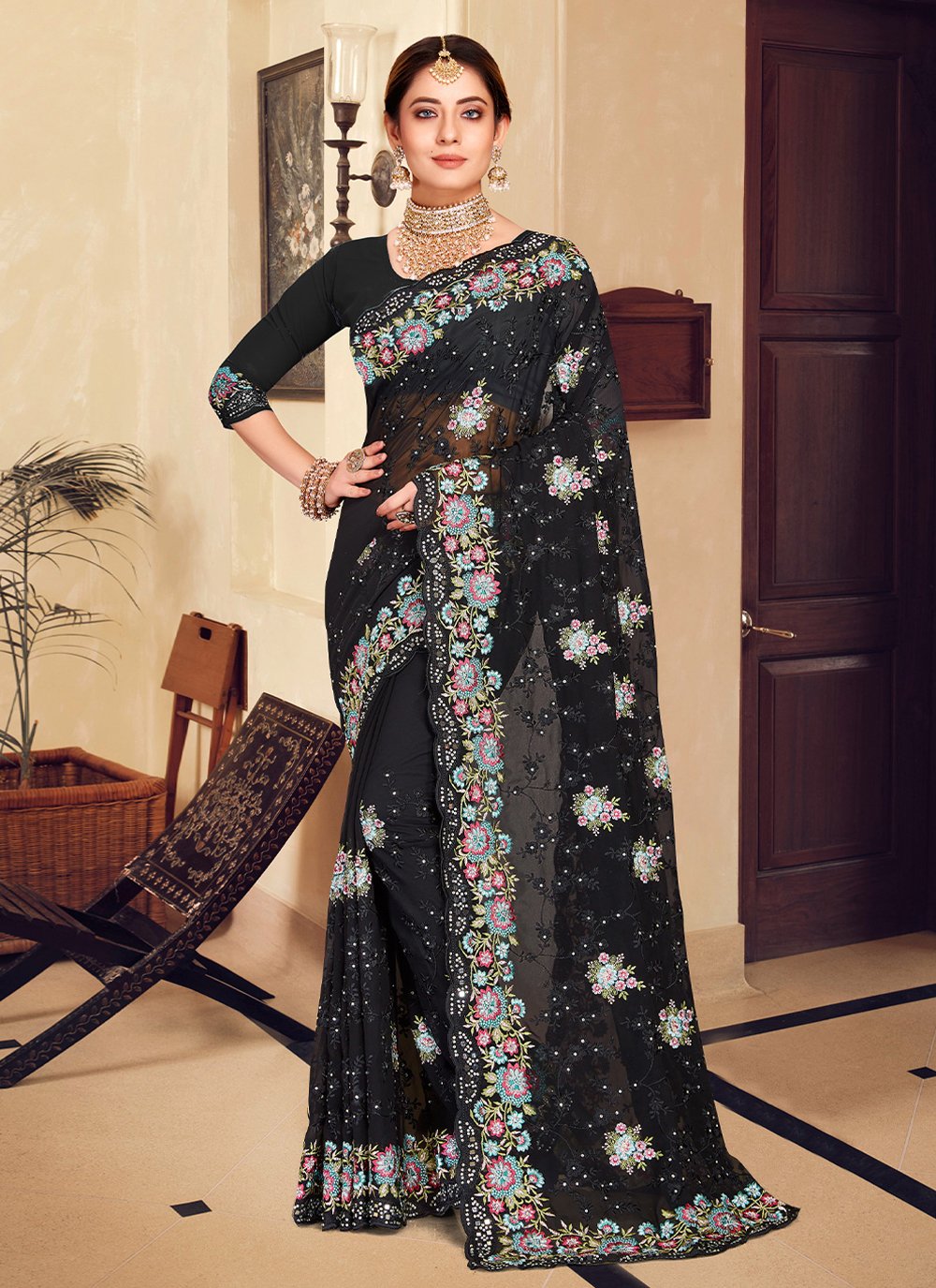 Trendy Saree Georgette Black Embroidered Saree