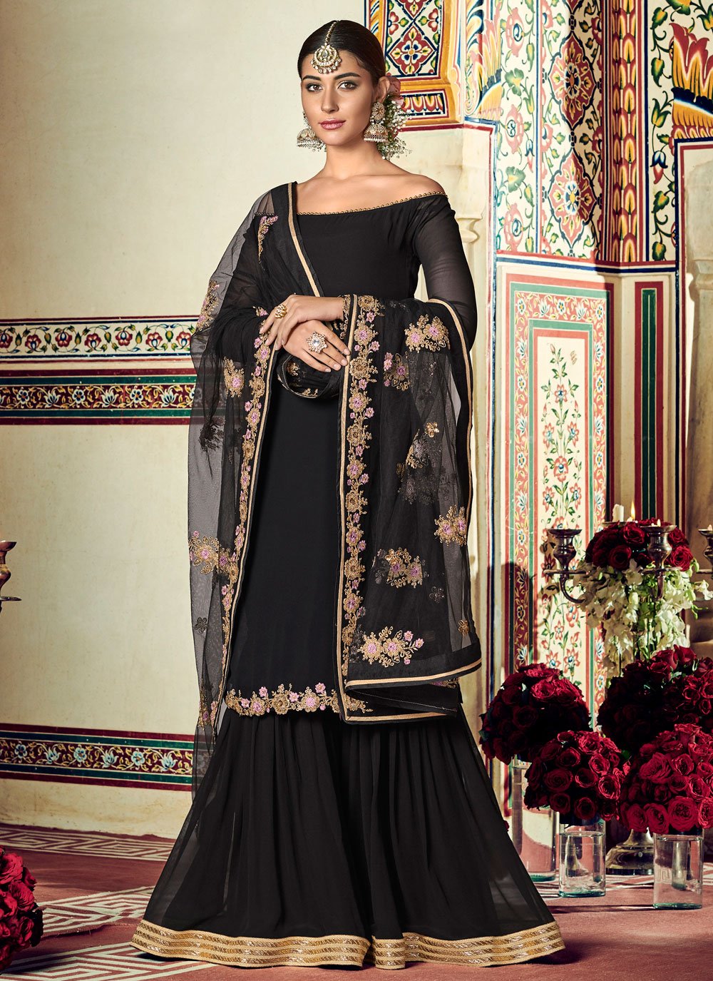 Palazzo Salwar Suit Georgette Black Embroidered Salwar Kameez