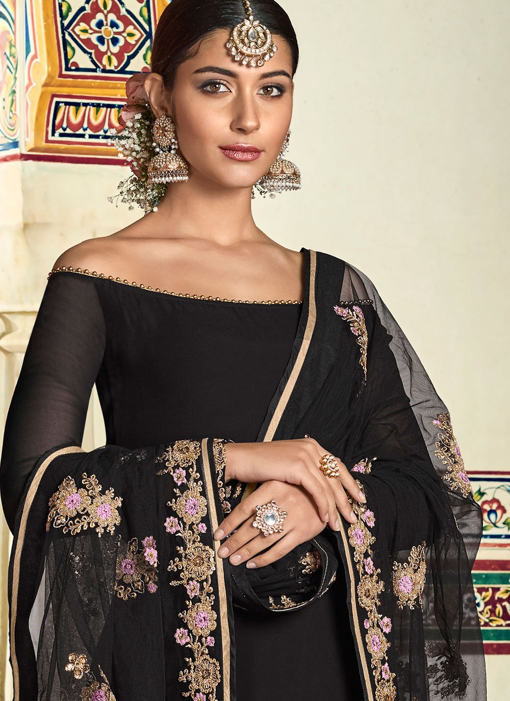 Palazzo Salwar Suit Georgette Black Embroidered Salwar Kameez