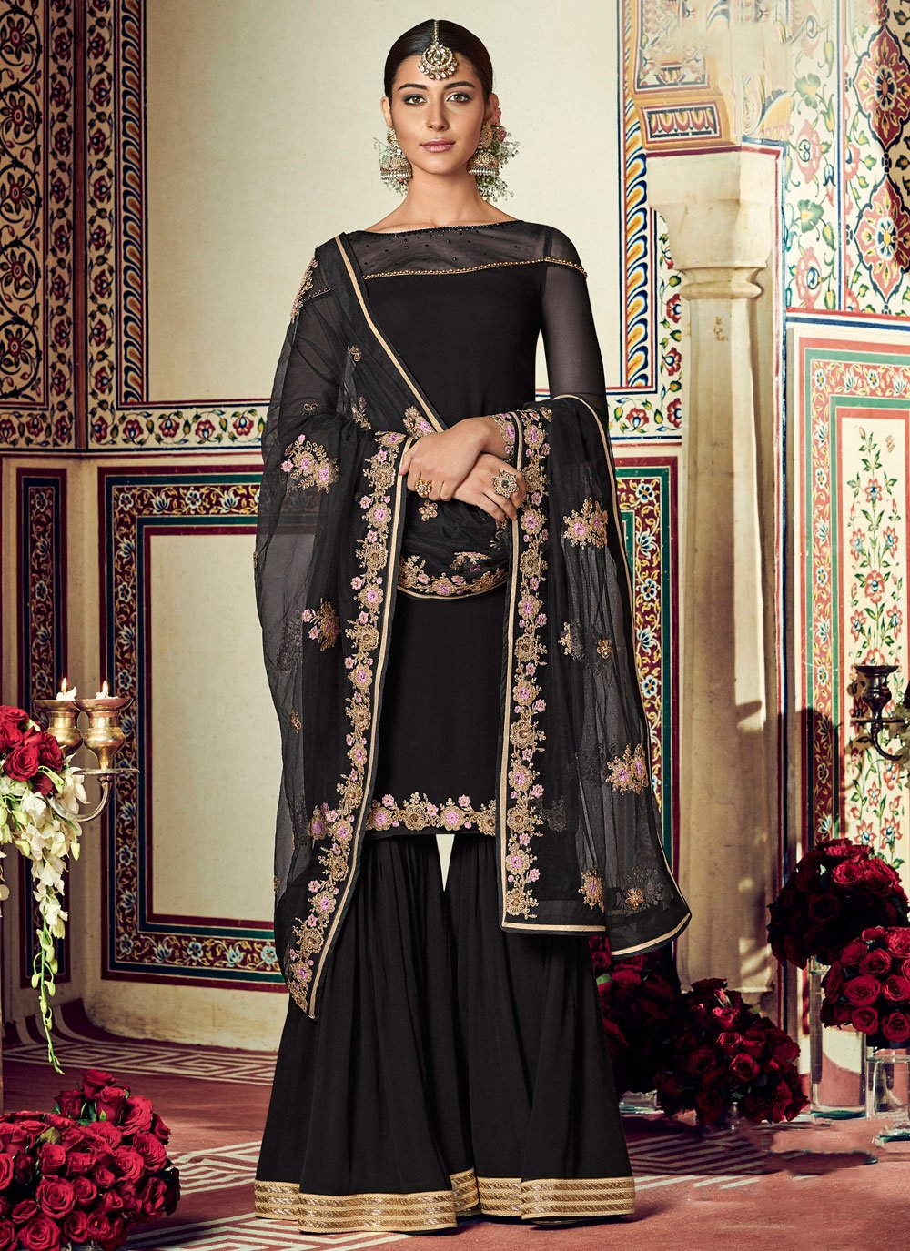 Palazzo Salwar Suit Georgette Black Embroidered Salwar Kameez