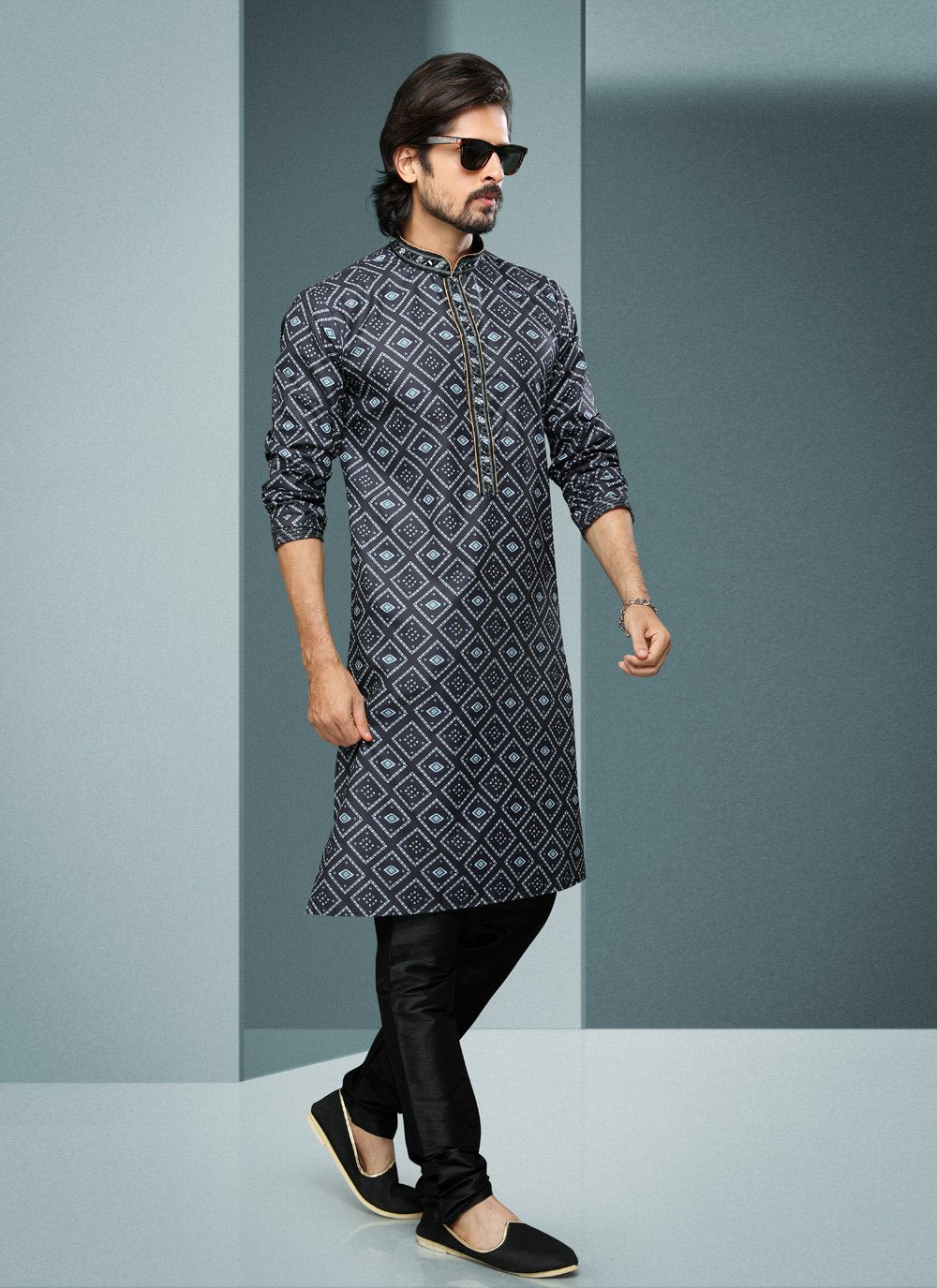 Kurta Pyjama Handloom Cotton Black Digital Print Mens