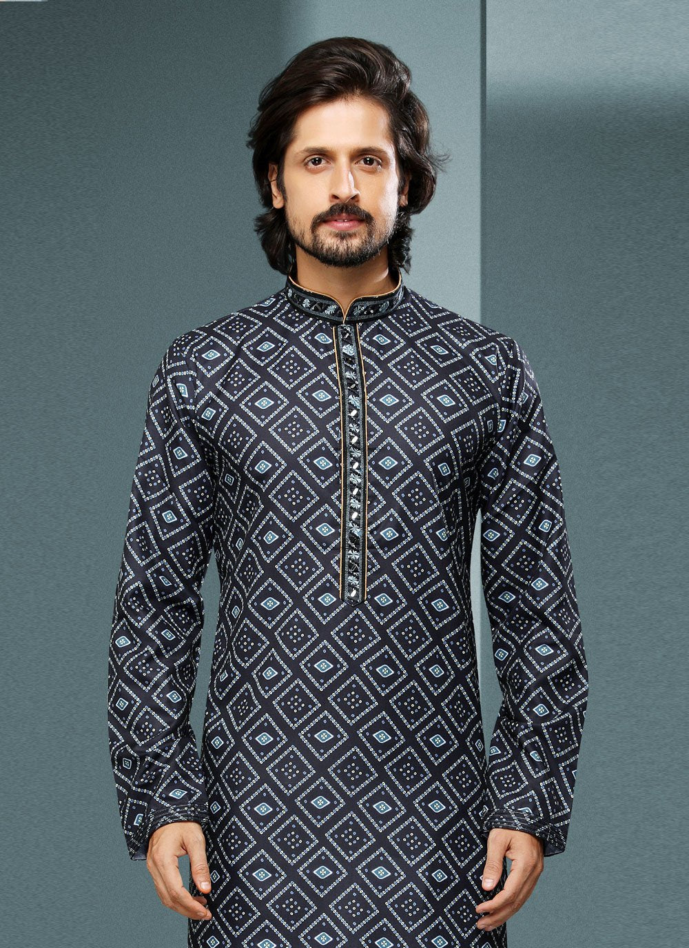 Kurta Pyjama Handloom Cotton Black Digital Print Mens