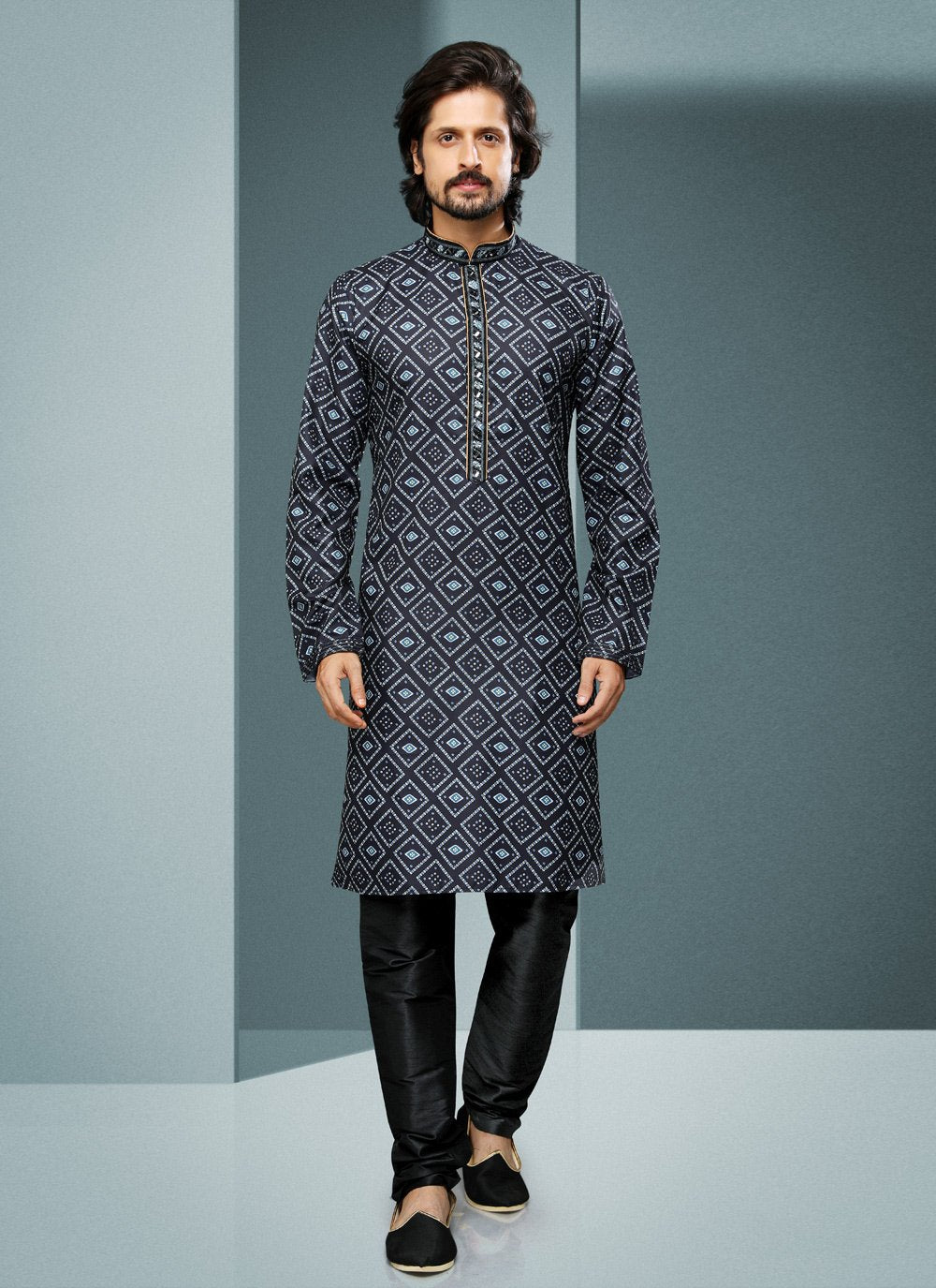 Kurta Pyjama Handloom Cotton Black Digital Print Mens