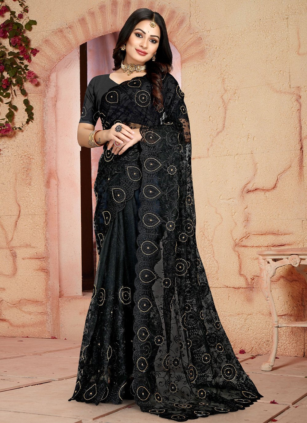 Designer Net Black Embroidered Saree