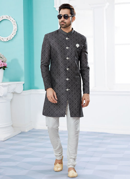 Indo Western Sherwani Jacquard Black Digital Print Mens