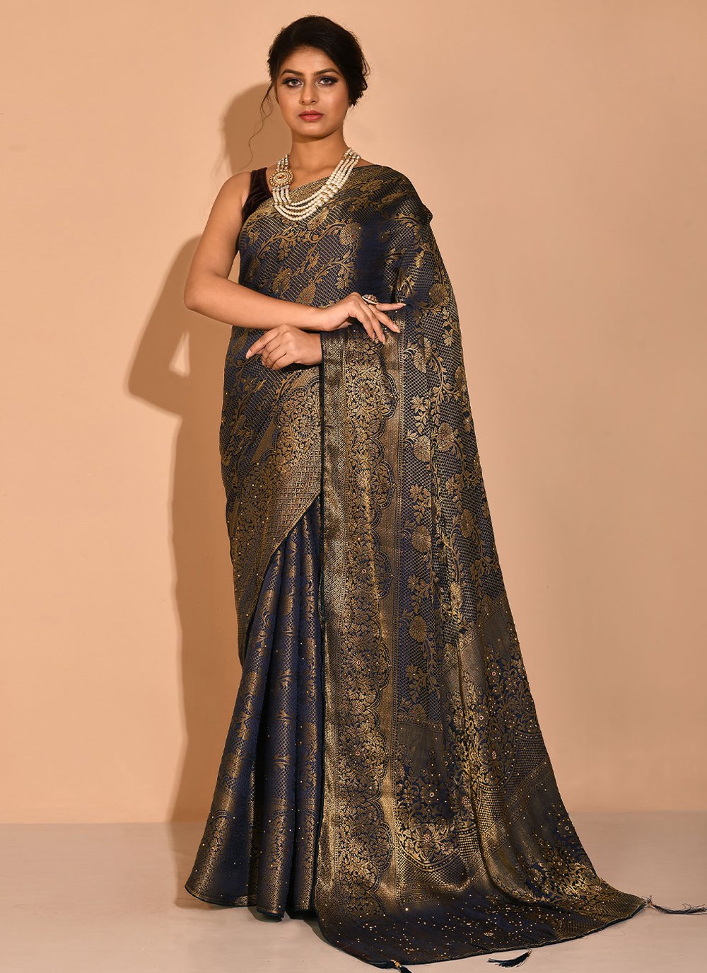 Traditional Saree Kanchipuram Silk Black Embroidered Saree