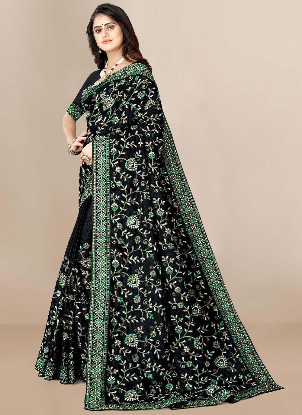 Classic Silk Black Embroidered Saree