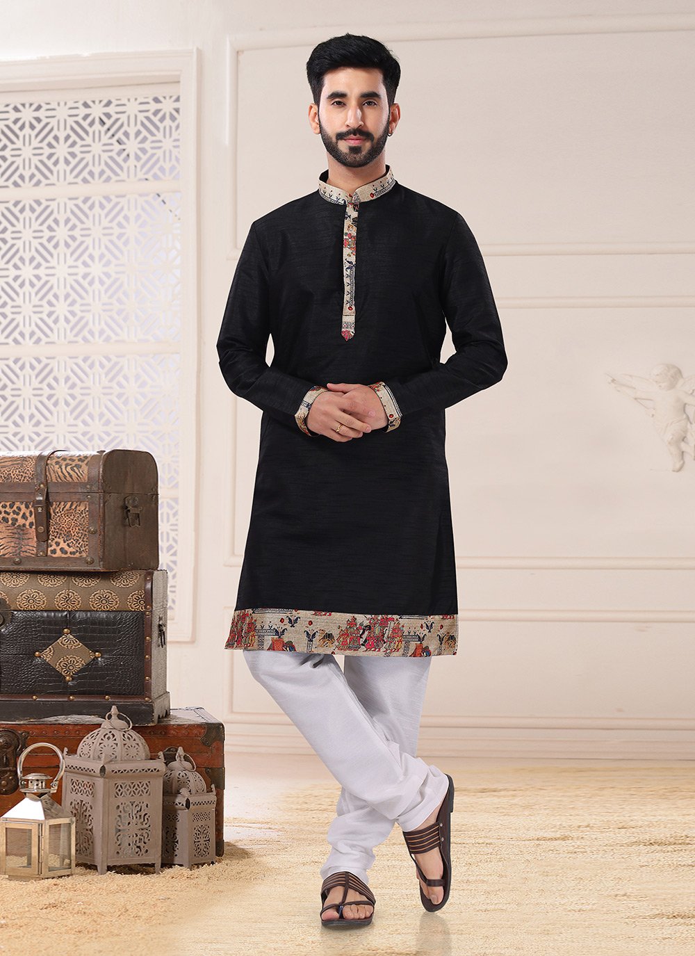 Kurta Pyjama Silk Black Lace Mens