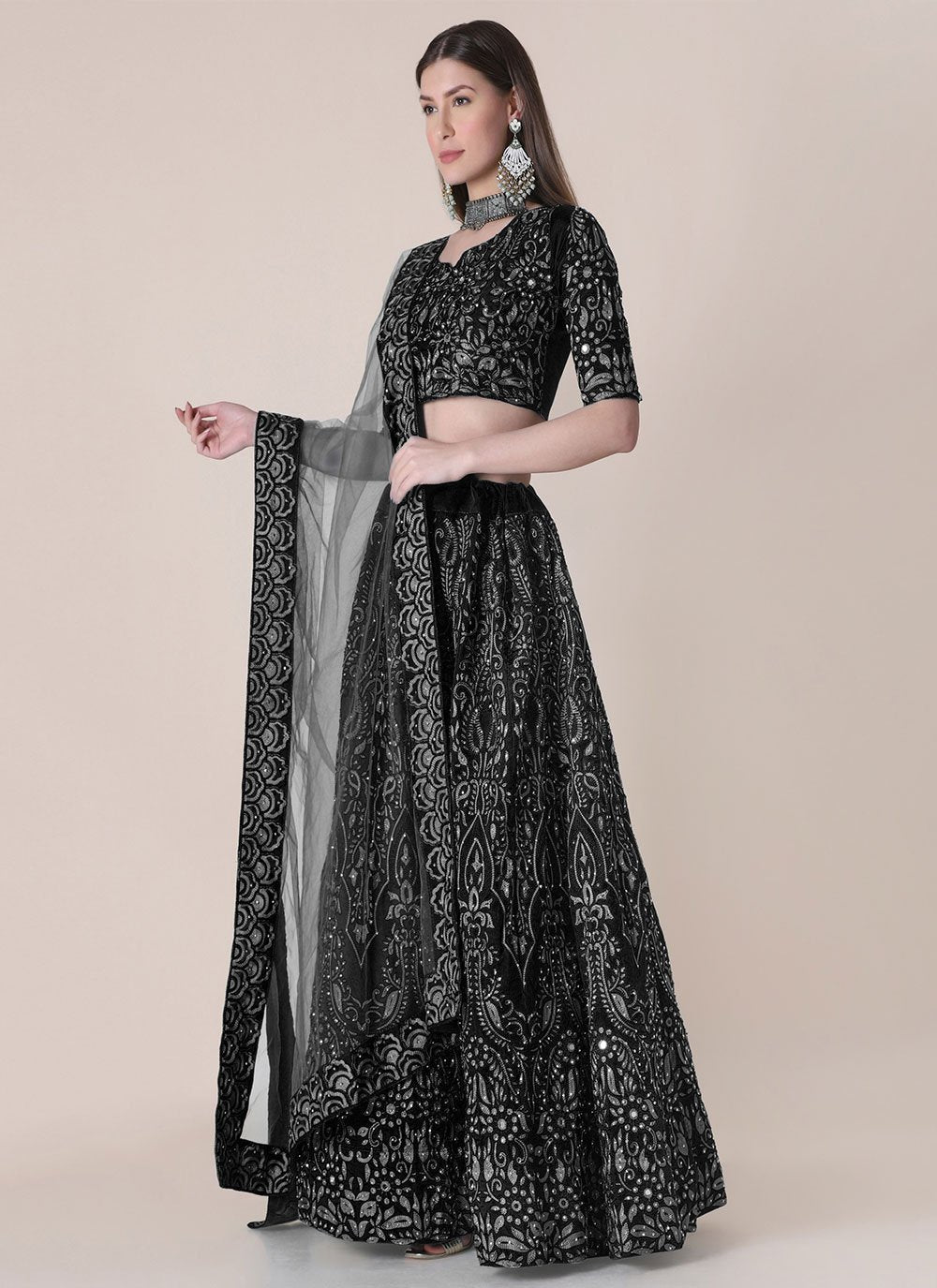 A Line Lehenga Tafeta Silk Black Embroidered Lehenga Choli