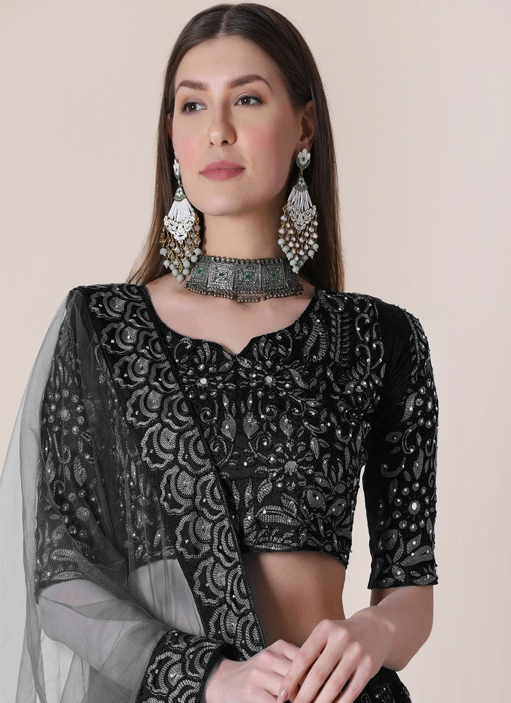 A Line Lehenga Tafeta Silk Black Embroidered Lehenga Choli