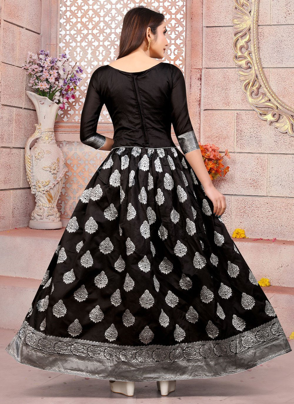 Gown Art Silk Black Weaving Gown