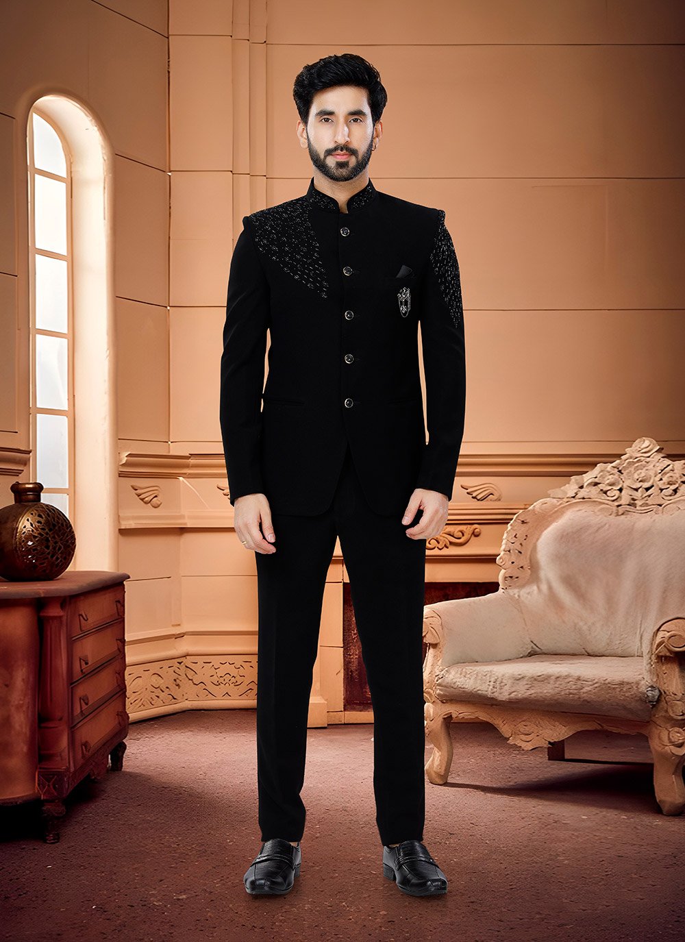 Jodhpuri Suit Fancy Fabric Black Embroidered Mens