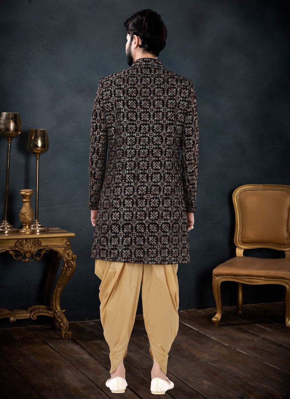 Indo Western Sherwani Velvet Black Embroidered Mens