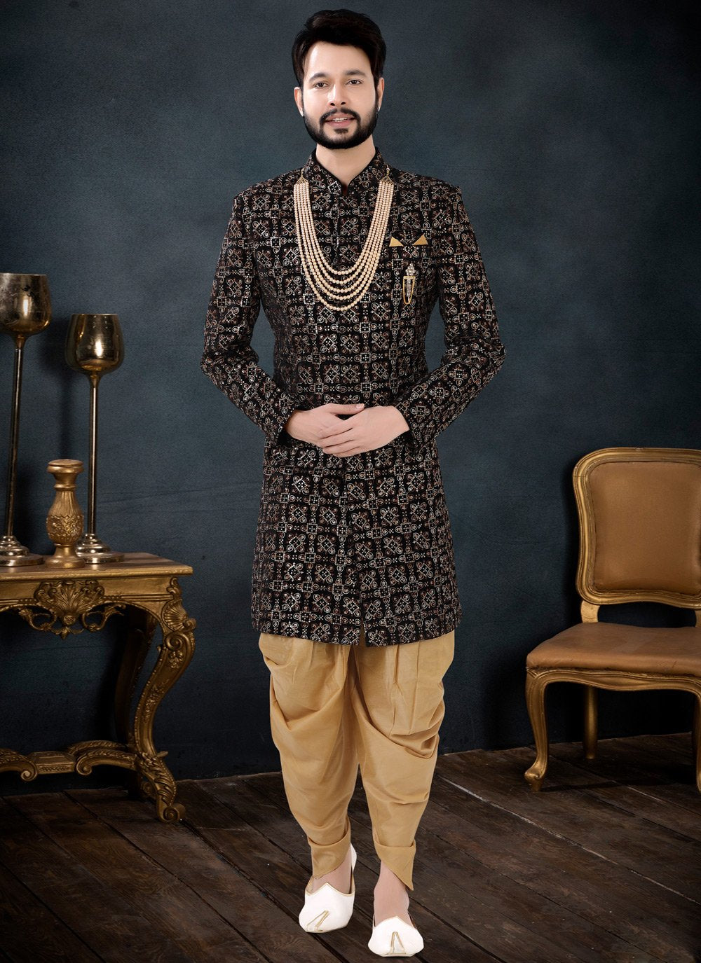 Indo Western Sherwani Velvet Black Embroidered Mens