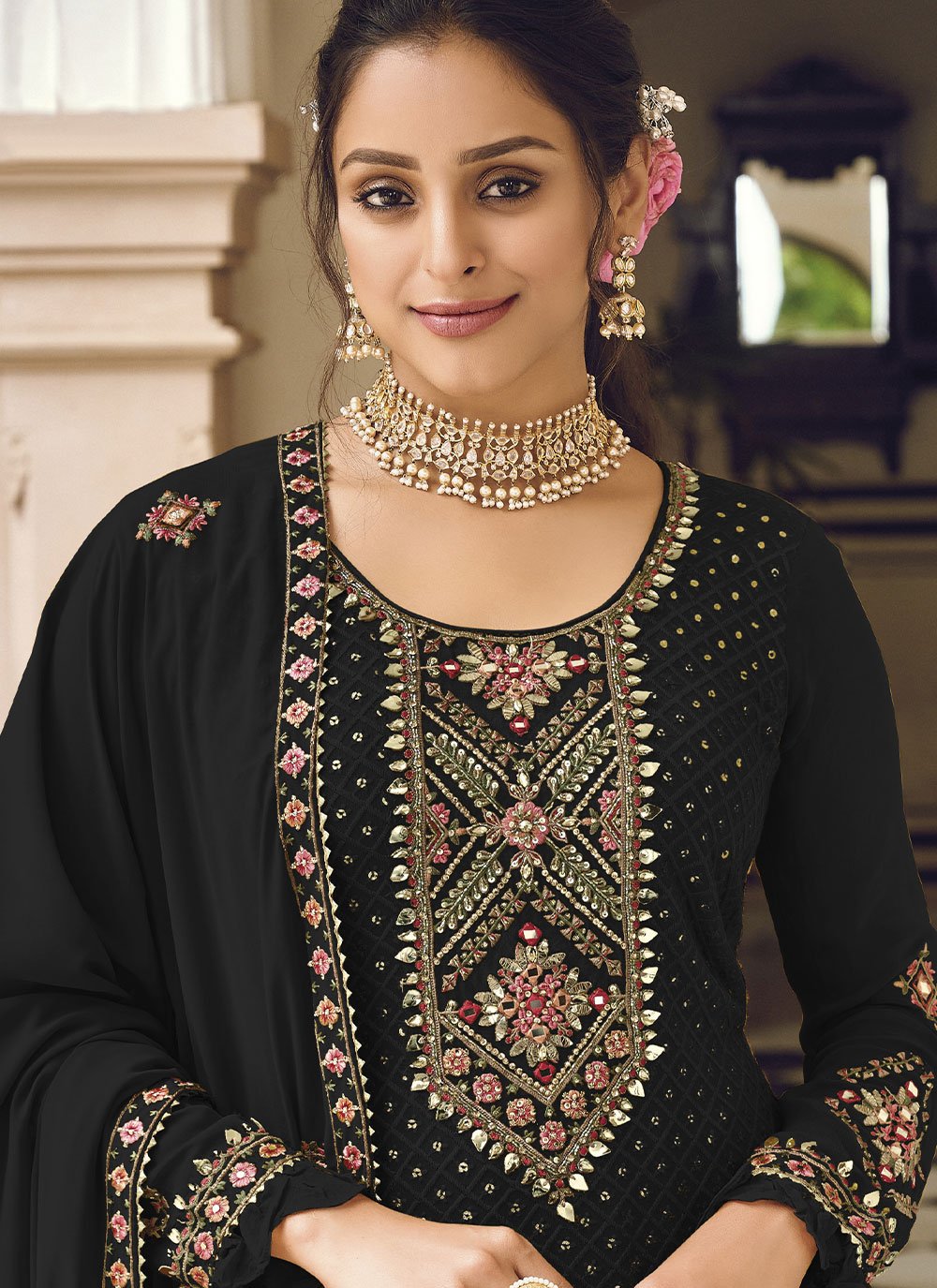 Salwar Suit Faux Georgette Black Embroidered Salwar Kameez