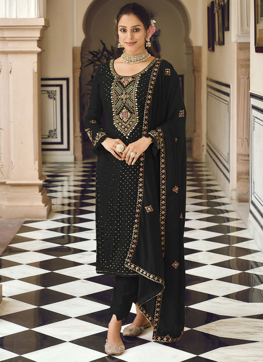 Salwar Suit Faux Georgette Black Embroidered Salwar Kameez