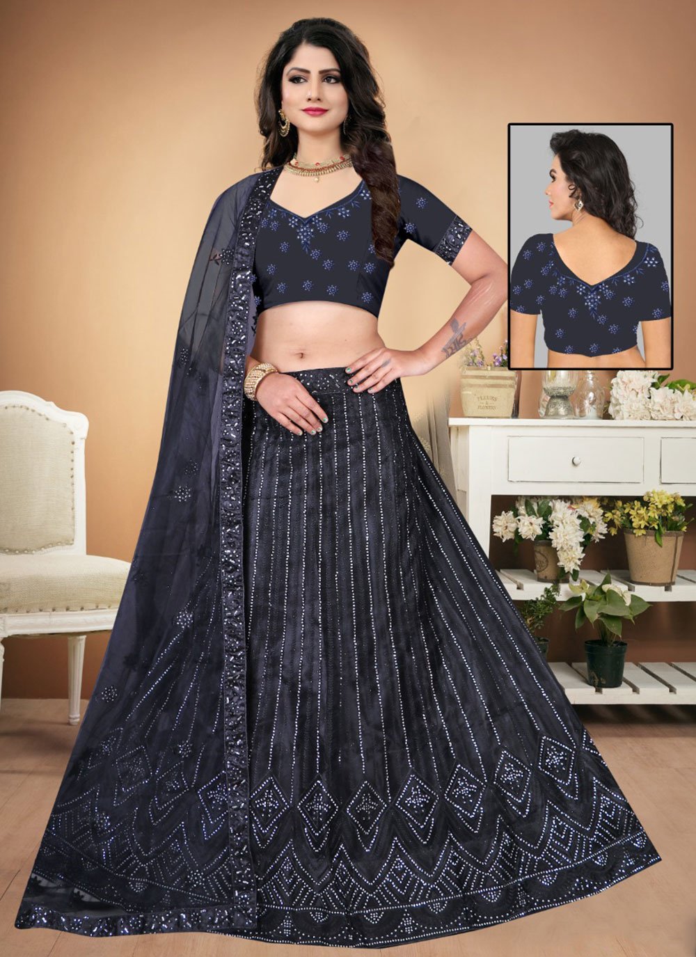 A Line Lehenga Net Black Sequins Lehenga Choli