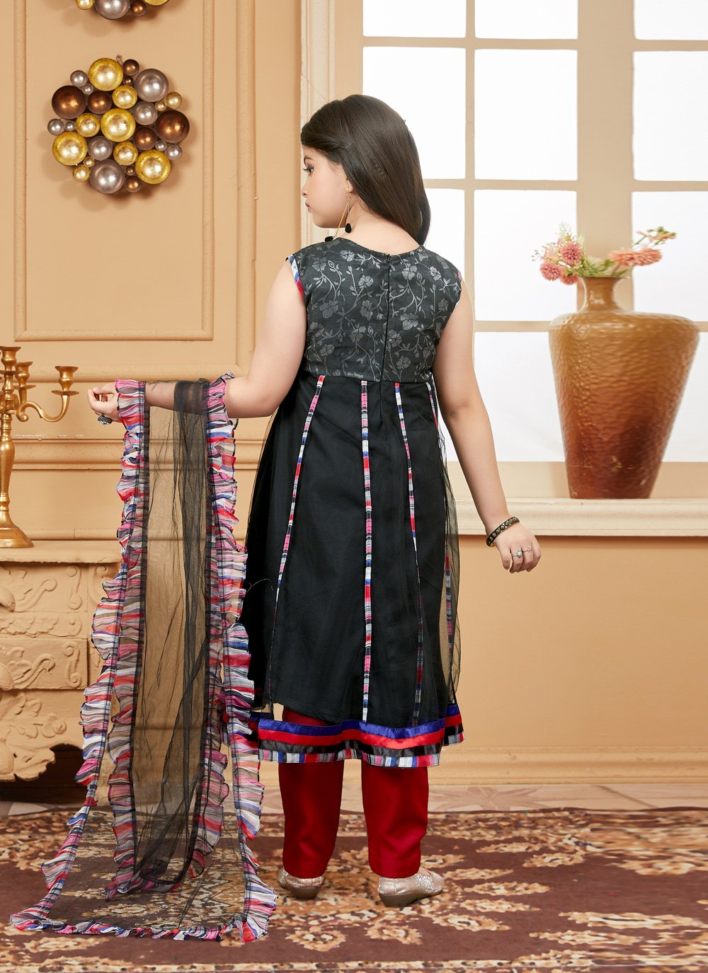 Pant Style Suit Net Black Embroidered Kids