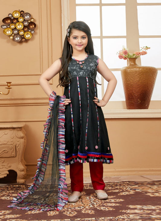 Pant Style Suit Net Black Embroidered Kids