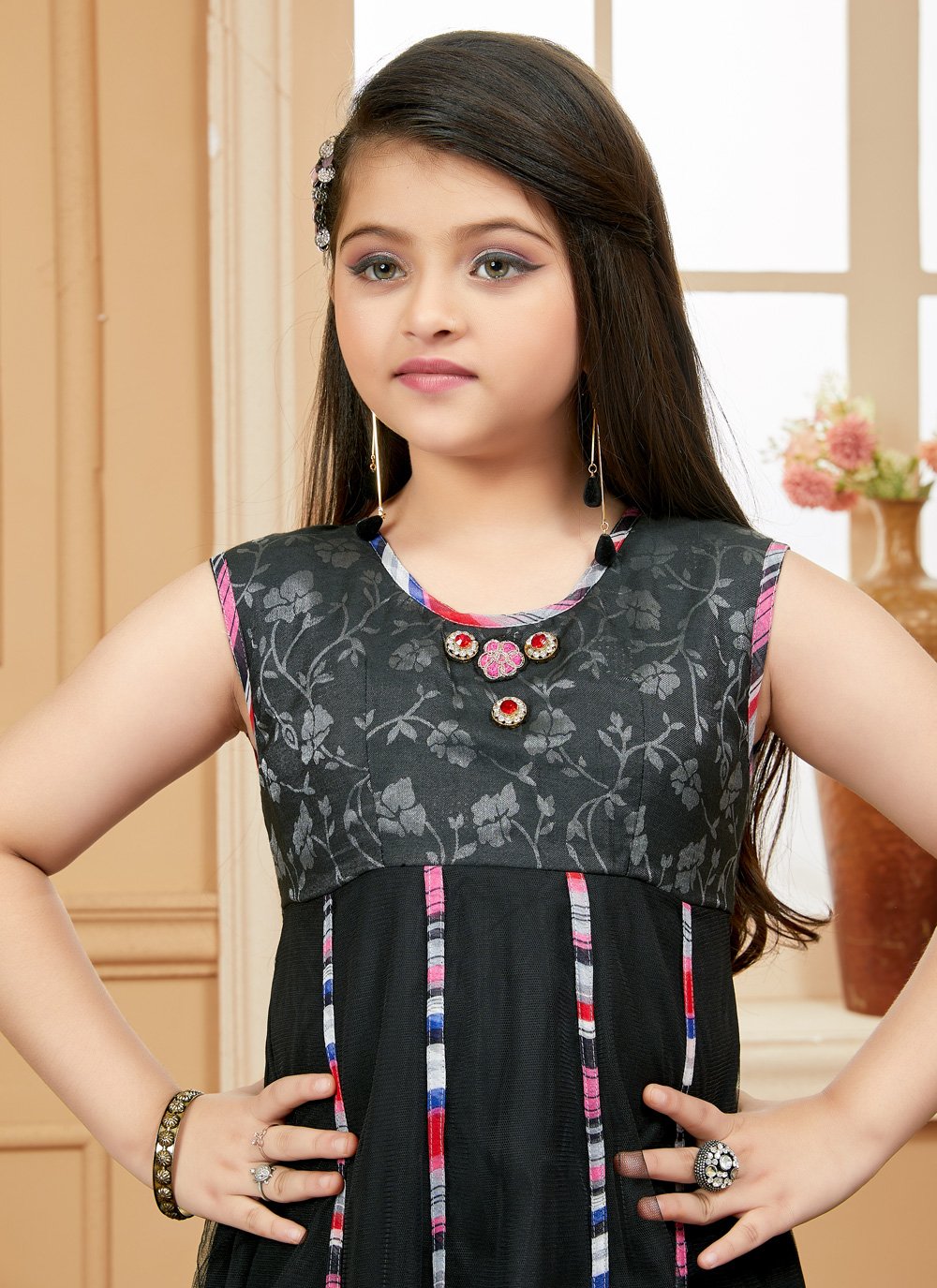 Pant Style Suit Net Black Embroidered Kids