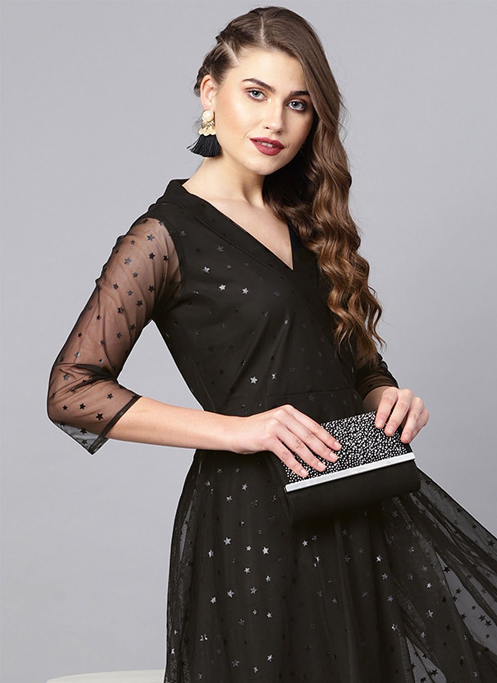 Party Wear Kurti Net Black Print Kurtis