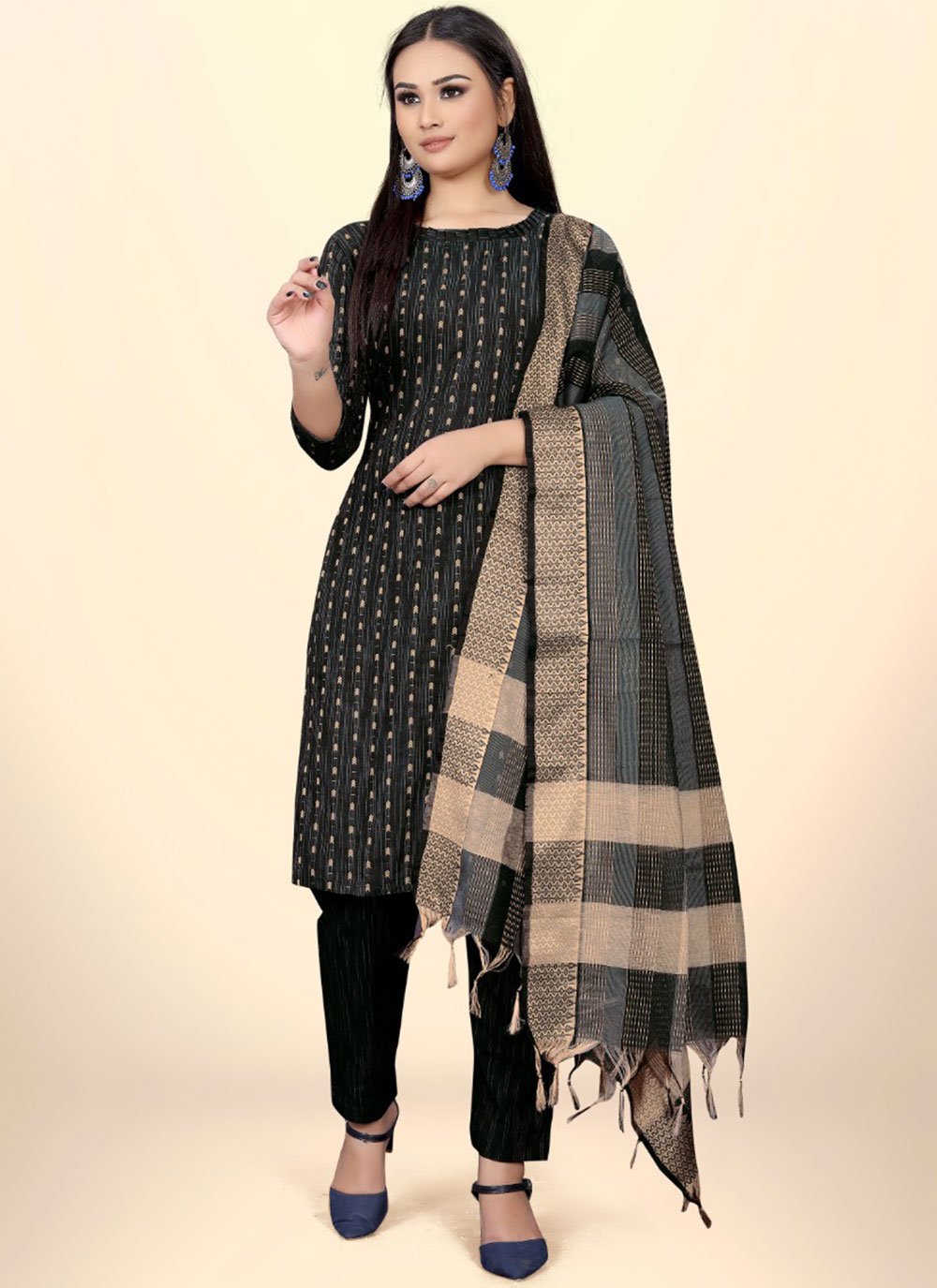 Salwar Suit Cotton Black Embroidered Salwar Kameez