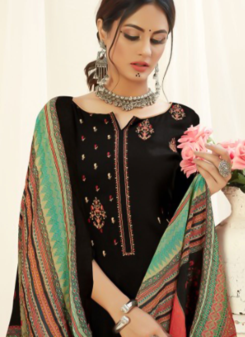 Salwar Suit Pashmina Black Embroidered Salwar Kameez