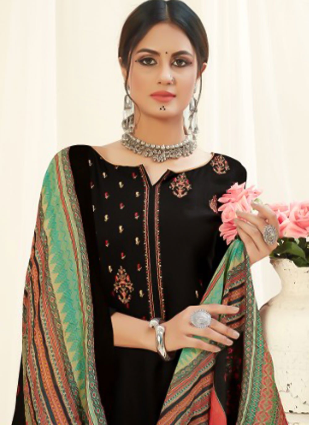 Salwar Suit Pashmina Black Embroidered Salwar Kameez