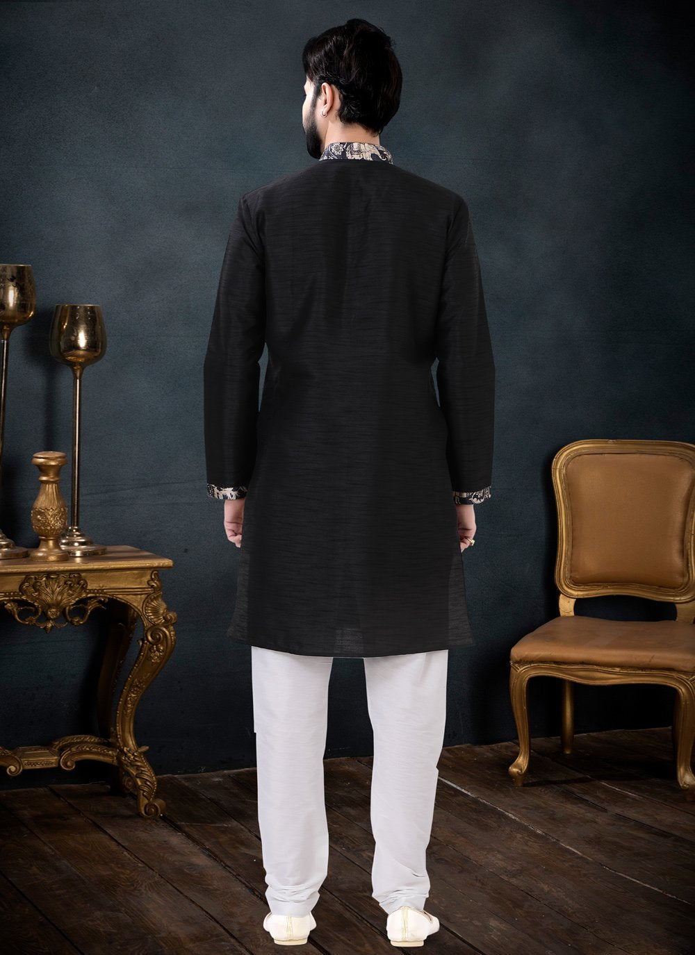 Kurta Pyjama Silk Black Patch Border Mens