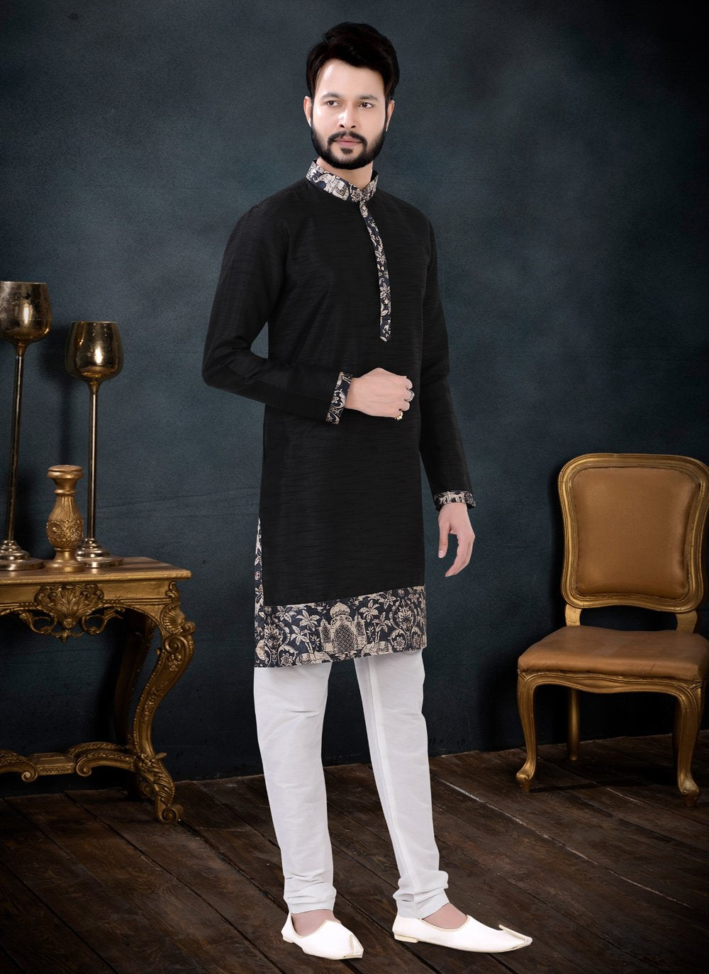 Kurta Pyjama Silk Black Patch Border Mens