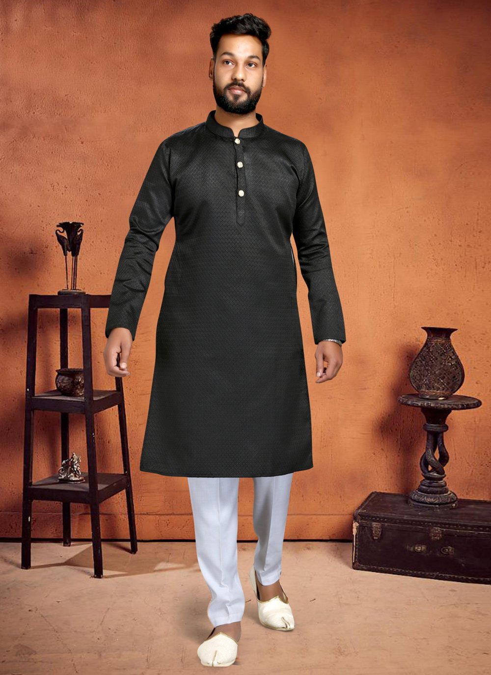 Kurta Pyjama Cotton Black Plain Mens