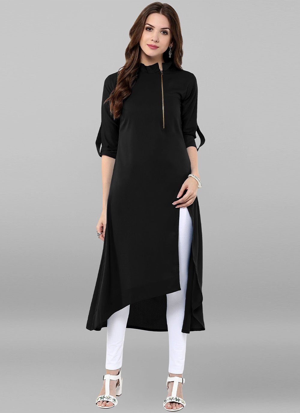 Party Wear Kurti Faux Crepe Black Plain Kurtis