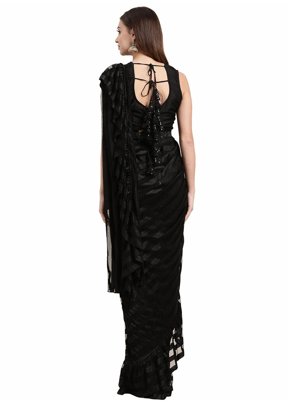 Contemporary Polyester Black Ruffle Saree