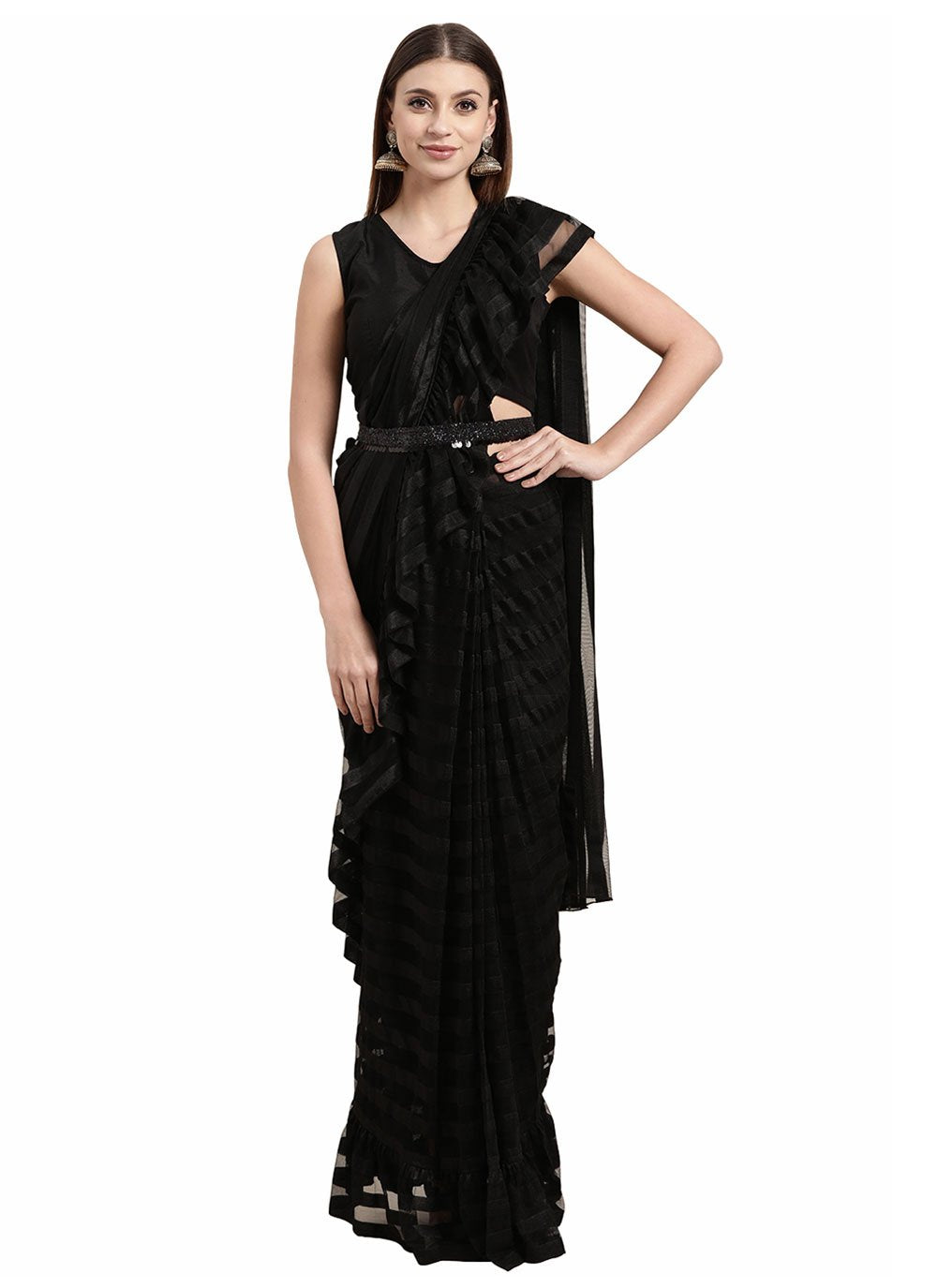 Contemporary Polyester Black Ruffle Saree