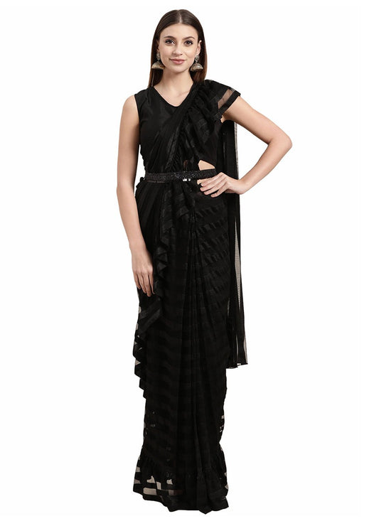 Contemporary Polyester Black Ruffle Saree